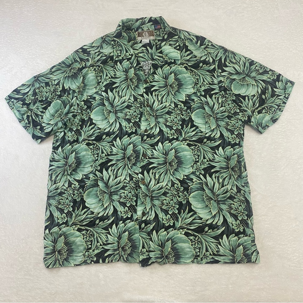 Kalaheo Hawaiian Aloha Shirt XL Made in Hawaii Green Rayon Tropical Floral Beach